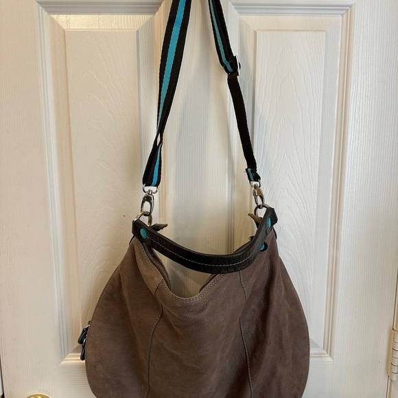 GABS Hobo Bag Crossbody EXPANDABLE Brown Distressed Leather Aqua Accents Italy - Picture 2 of 16